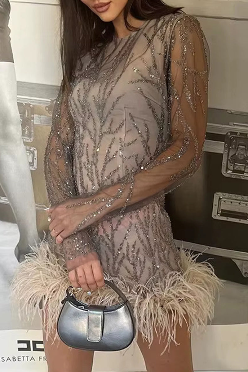 Sheer Sequin Long Sleeve Feather Trim Bodycon Mini Dress