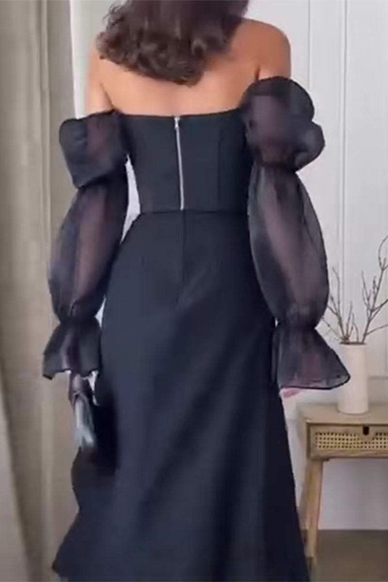 Sexy Slit Mesh Off Shoulder A Line Dresses - Fashionpara