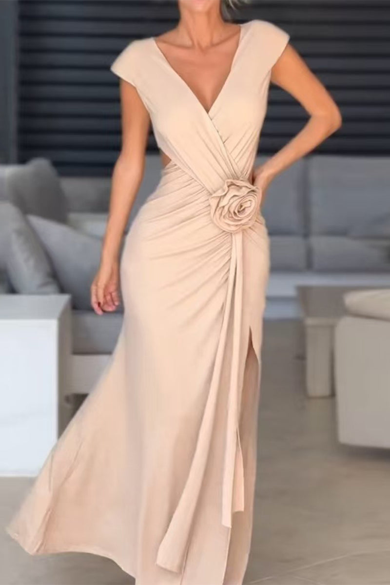 Sexy Slit Ruched Flower Shape V Neck Evening Dresses - Fashionpara