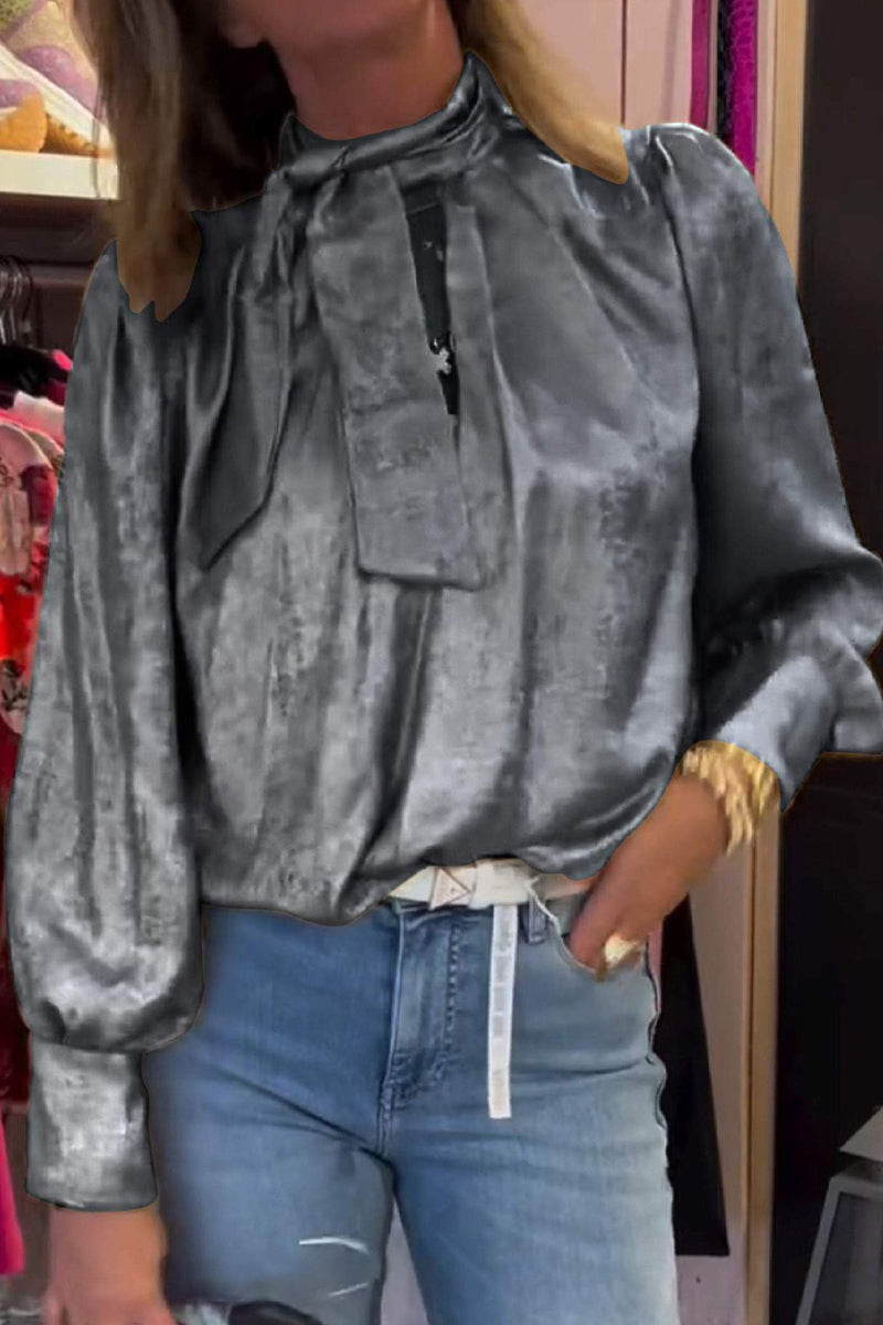 Casual Bronzing Pattern Lace Up Tie Neck Blouses - Fashionpara