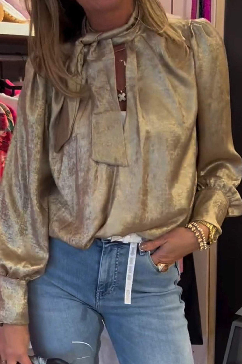 Casual Bronzing Pattern Lace Up Tie Neck Blouses - Fashionpara