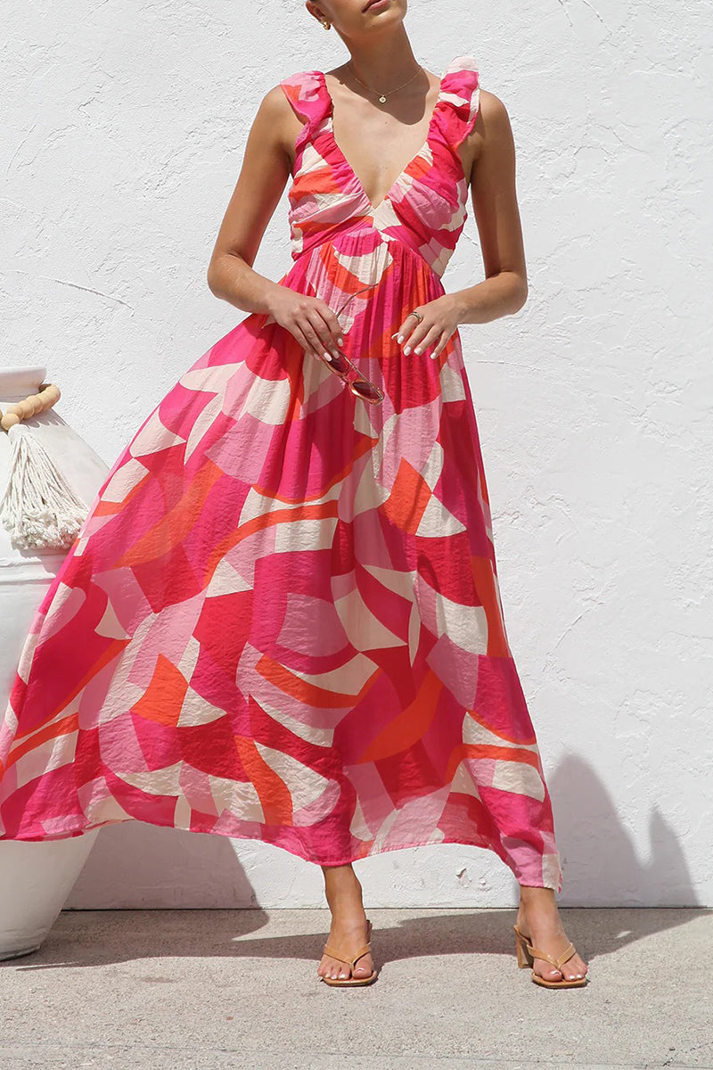Vacation Geometric Print Flowers Contrast V Neck Long Dresses