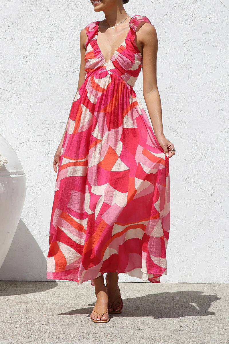 Vacation Geometric Print Flowers Contrast V Neck Long Dresses