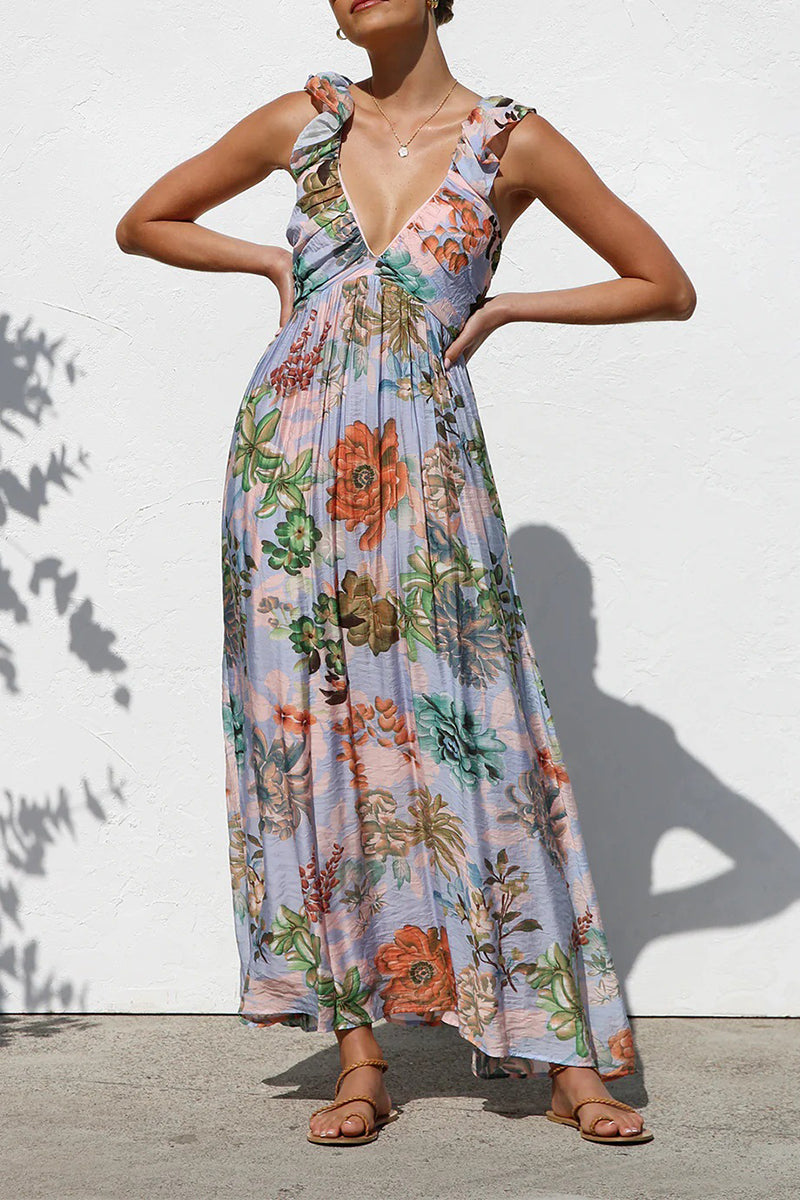 Vacation Geometric Print Flowers Contrast V Neck Long Dresses