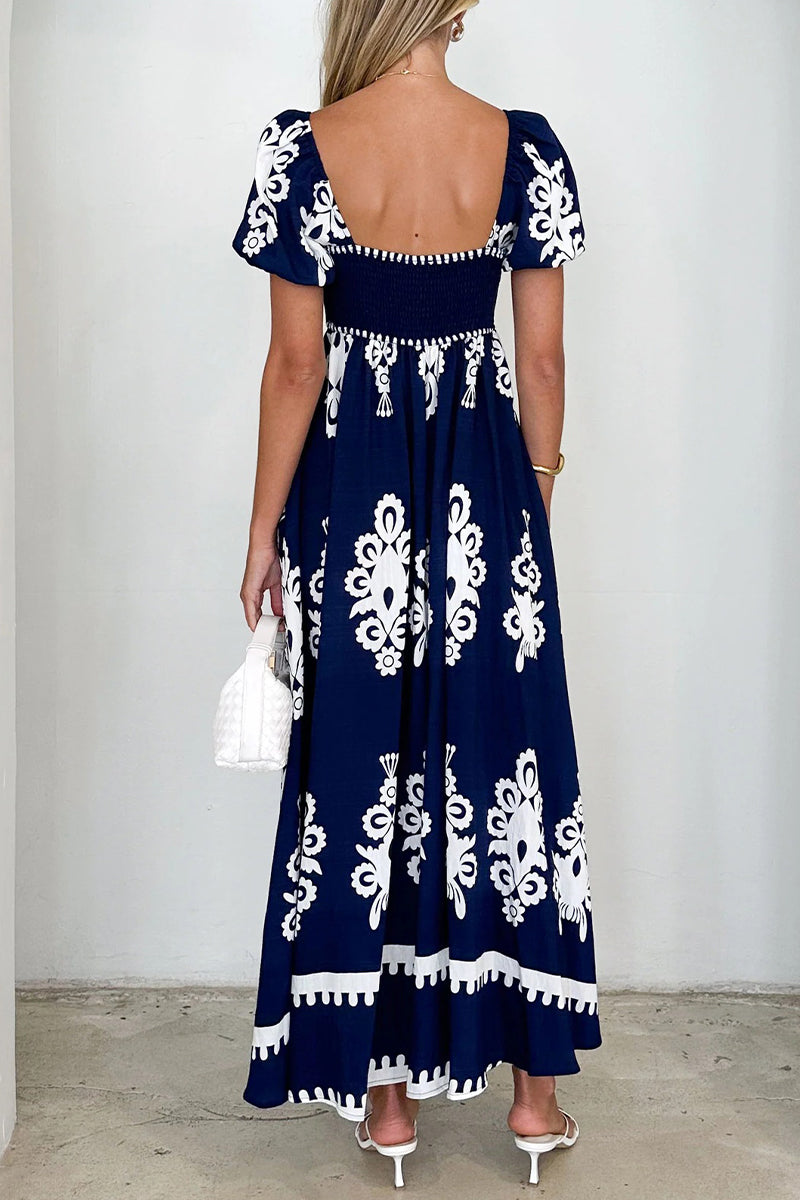 Casual Geometric Print Pocket Contrast Square Neck A Line Short Sleeve Dress