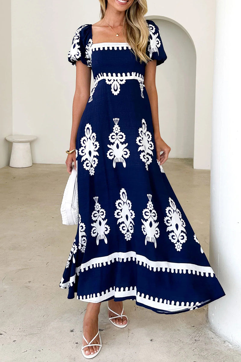 Casual Geometric Print Pocket Contrast Square Neck A Line Short Sleeve Dress