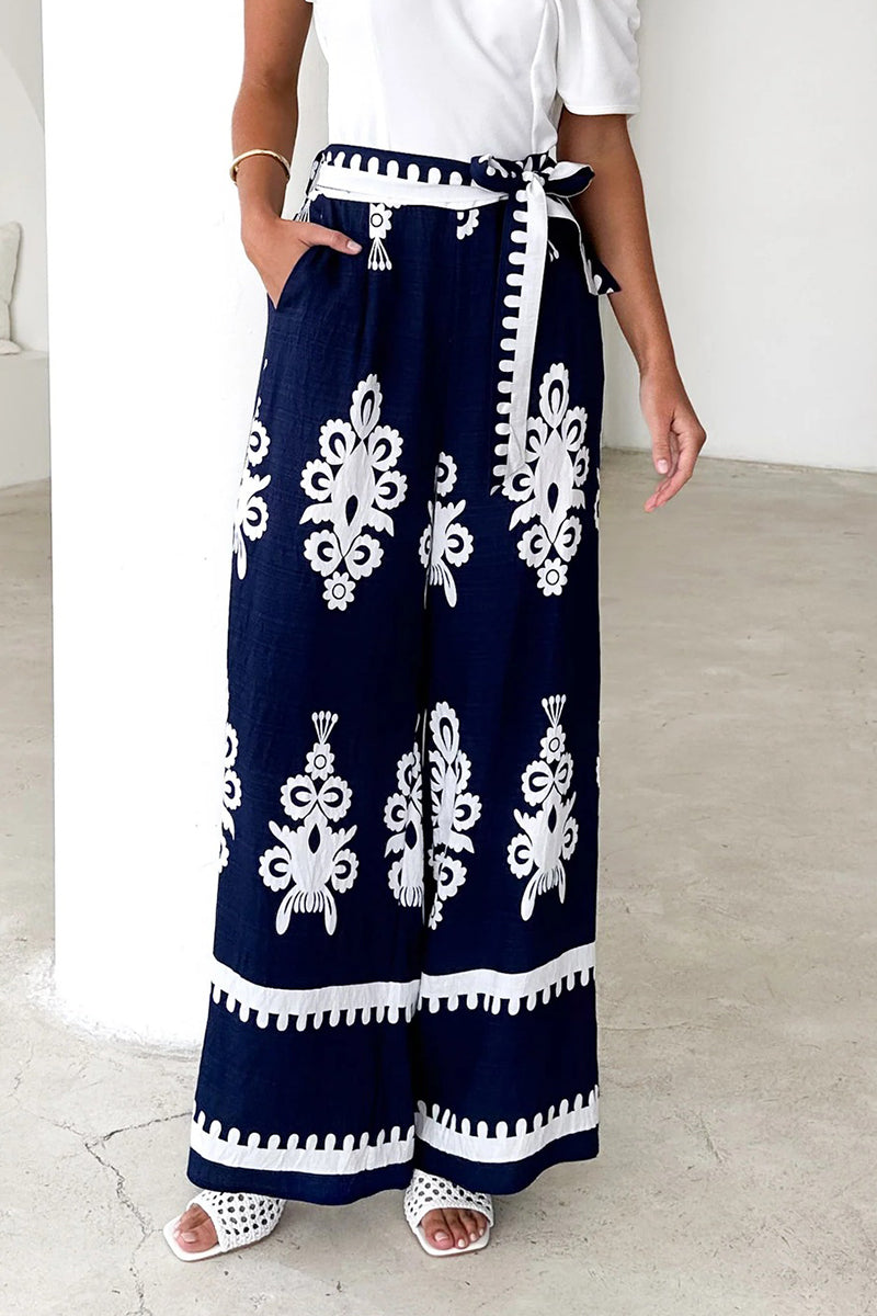 Casual Striped Print Pocket Lace Up Loose High Waist Straight Full Print Bottoms