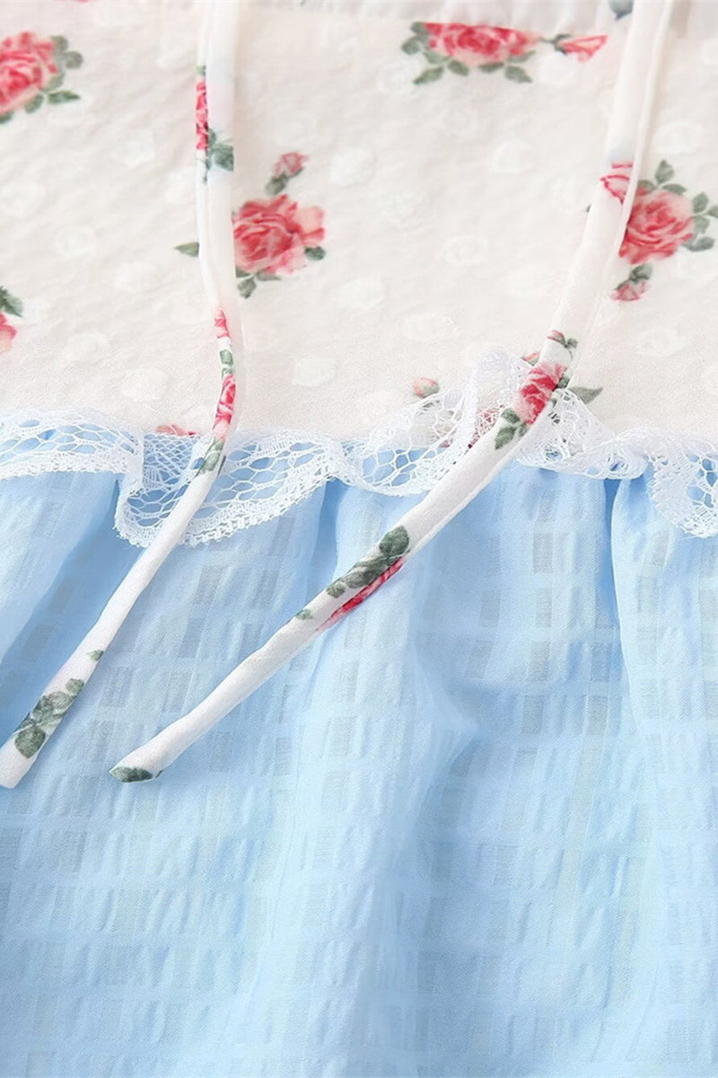 Elegant Floral Print Lace Draw String Backless Contrast Halter Long Dresses