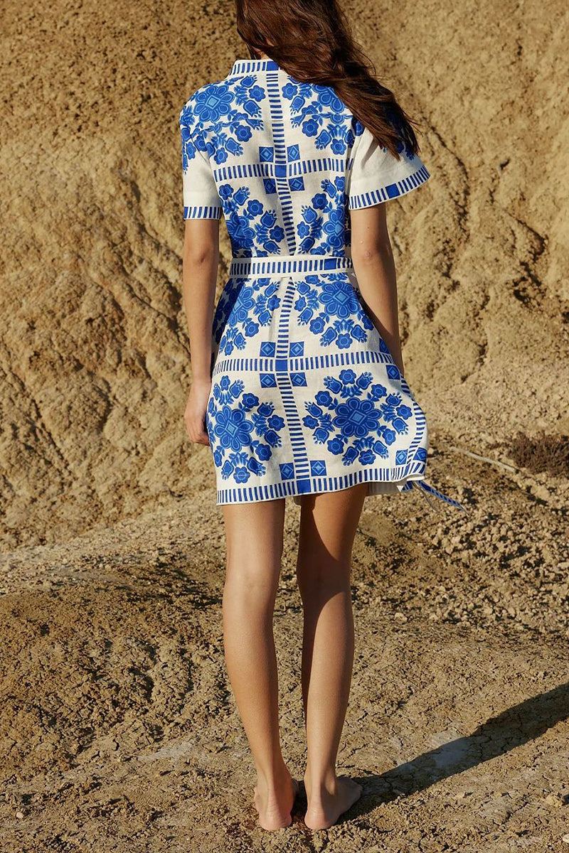 Casual Colorblock Print Lace Up Buttons Contrast Mandarin Collar Short Sleeve Short Sleeve Dress