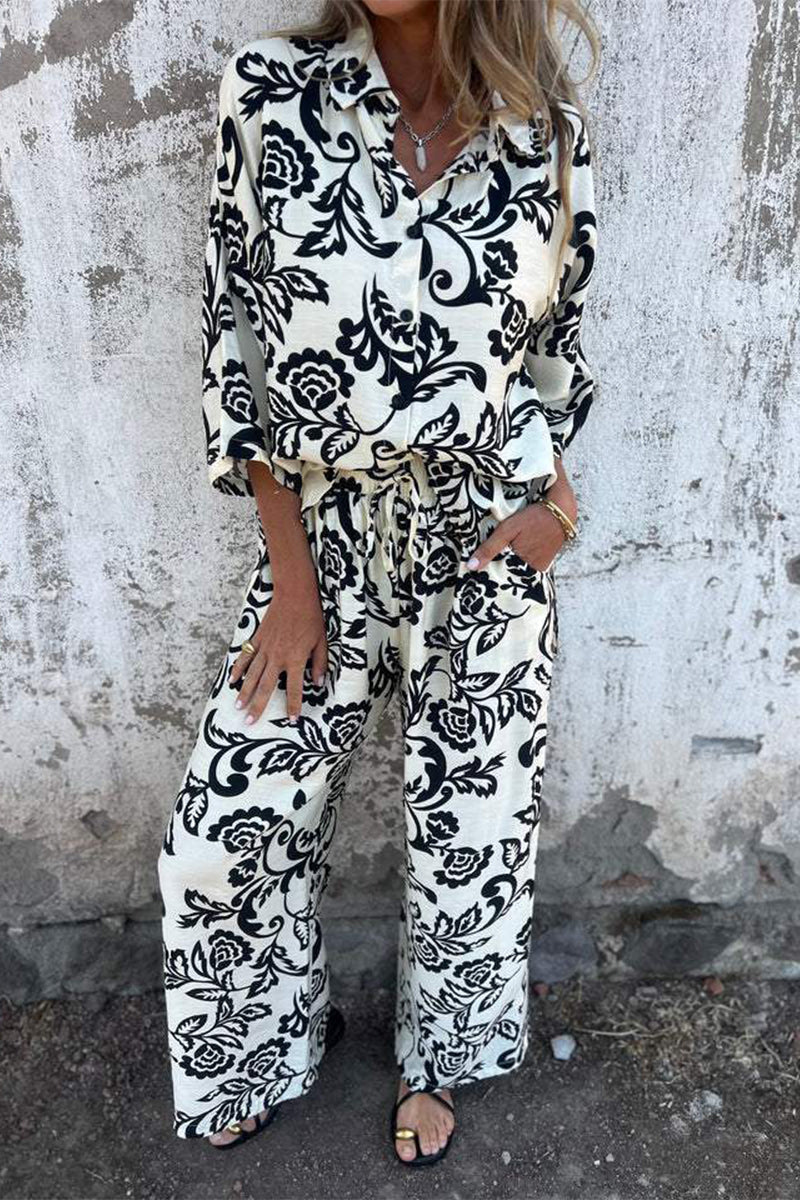 Casual Floral Print Pocket Contrast Turndown Collar Three Quarter Two Pieces