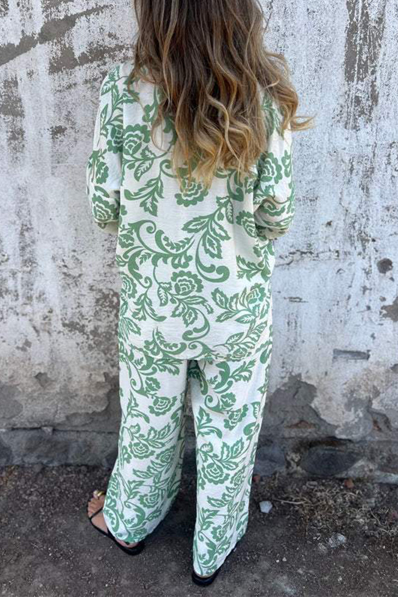 Casual Floral Print Pocket Contrast Turndown Collar Three Quarter Two Pieces