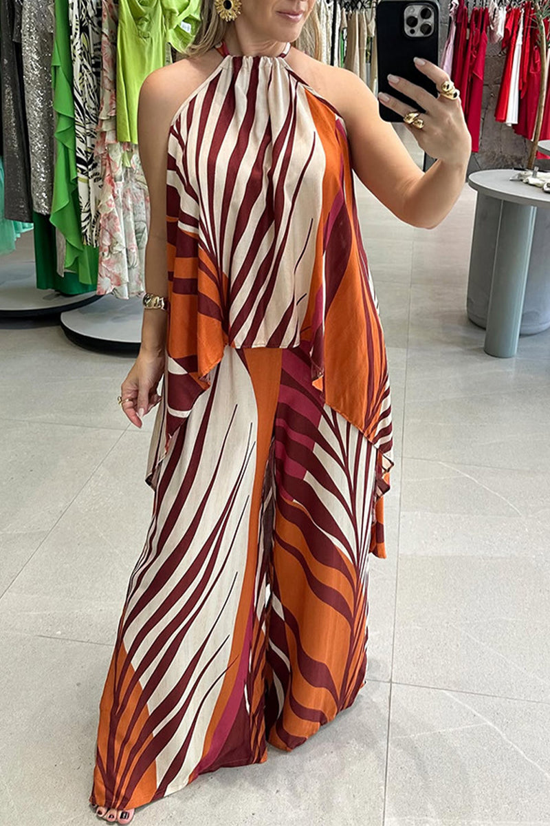 Casual Striped Print Lace Up Irregular Contrast O Neck Sleeveless Two Pieces