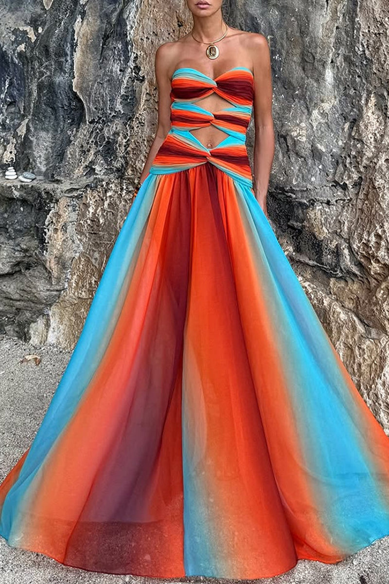 Sexy Gradient Print Irregular Strapless Long Dresses(The color is not fixed)