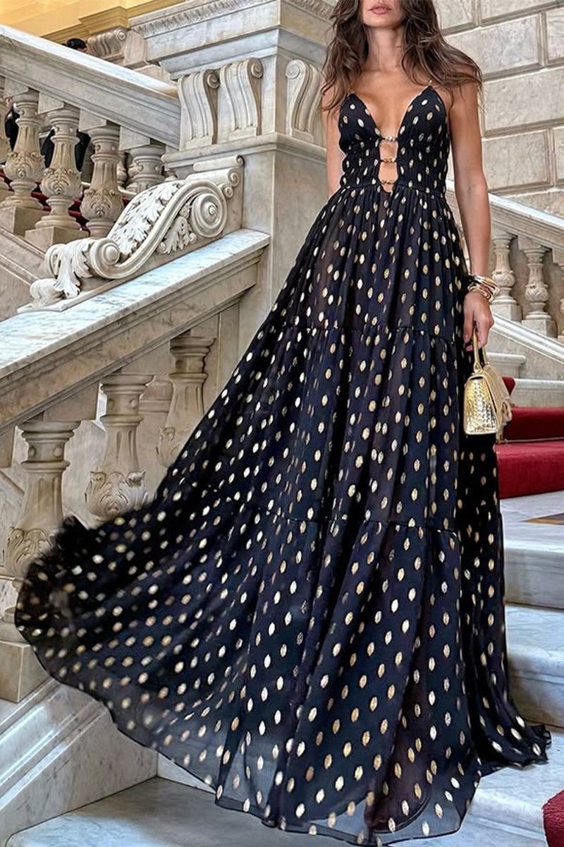 Sexy Polka Dot Contrast V Neck Long Dresses - Fashionpara