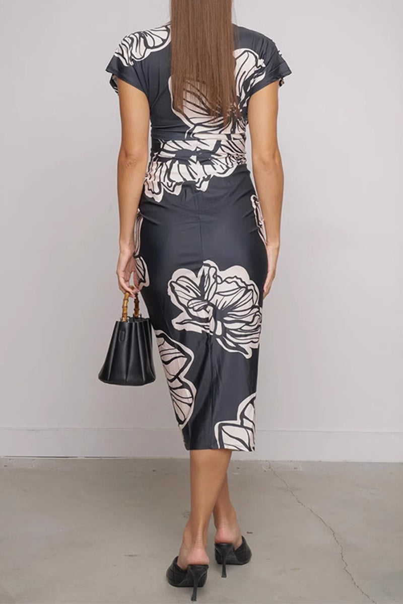 Casual Flowers Print Slit Ruched Contrast V Neck A Line Short Sleeve Dress