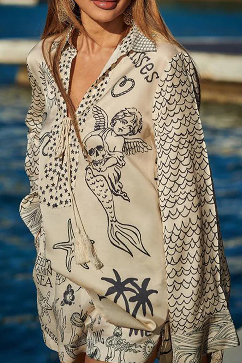 Casual Graffiti Print Tassel Contrast V Neck Long Sleeve Two Pieces