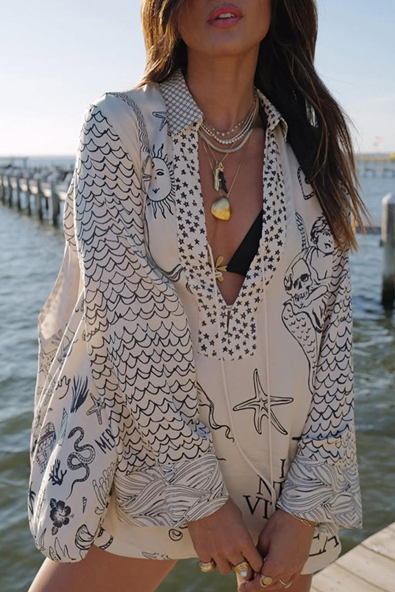 Casual Graffiti Print Tassel Contrast V Neck Long Sleeve Two Pieces