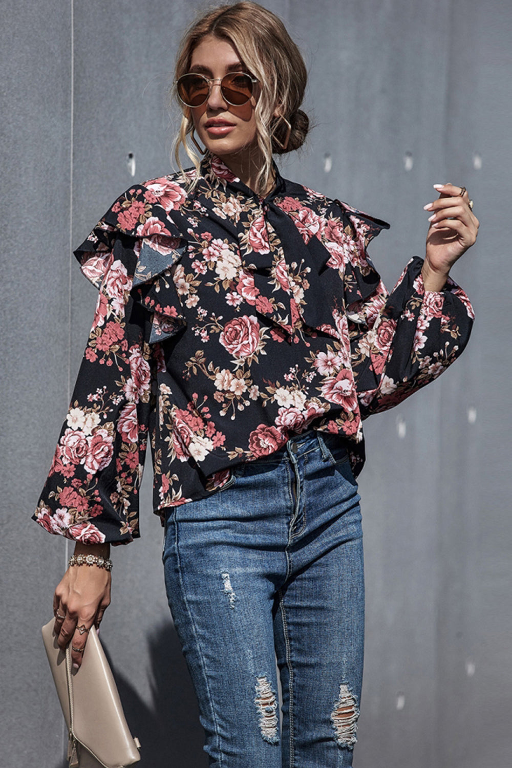 Printed Puff Sleeve Bow Shirt