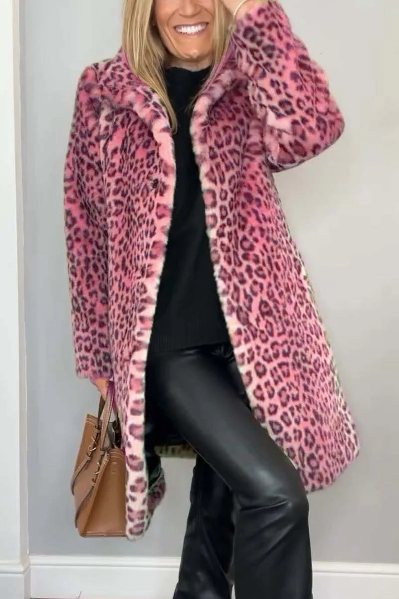 Fluffy Leopard Patchwork Turndown Collar Outerwear Jacket