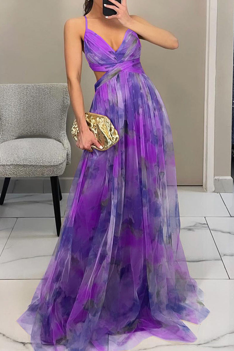 Sexy Gradient Print Backless Contrast V Neck Long Dresses