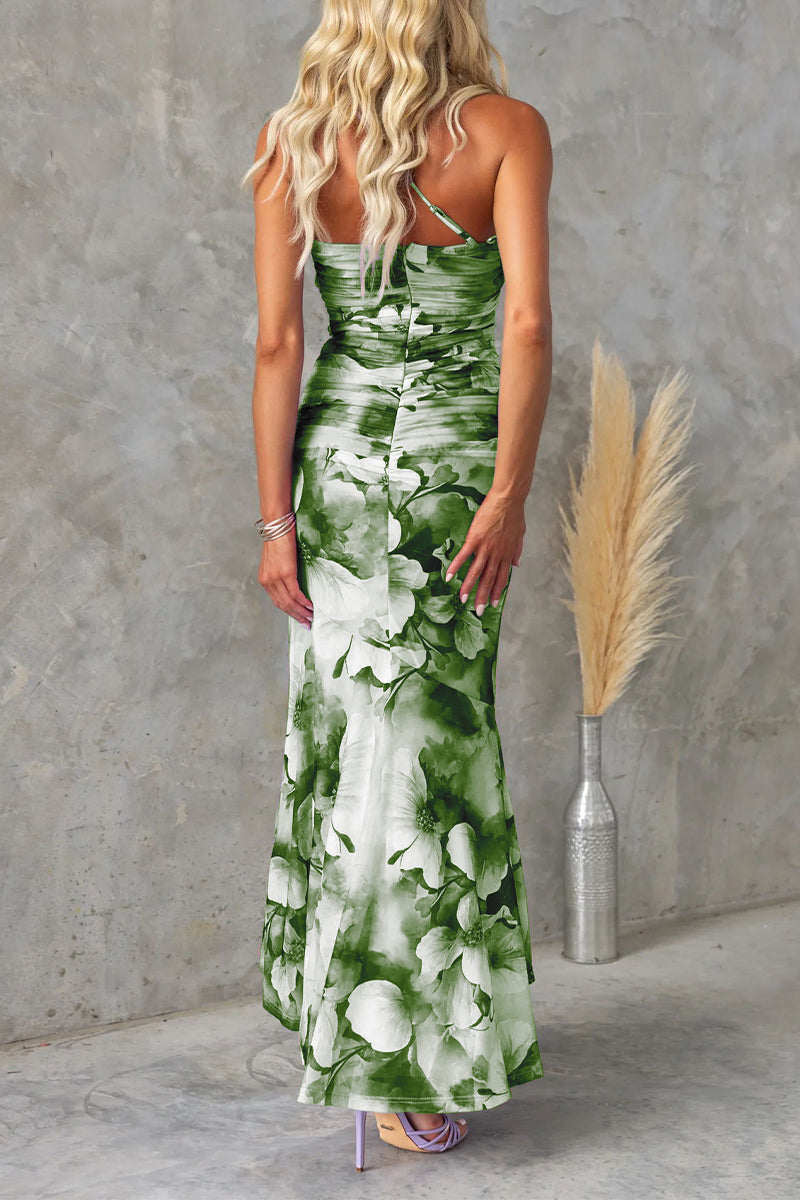 Sexy Print Flowers Flounce Oblique Collar Sleeveless Dresses