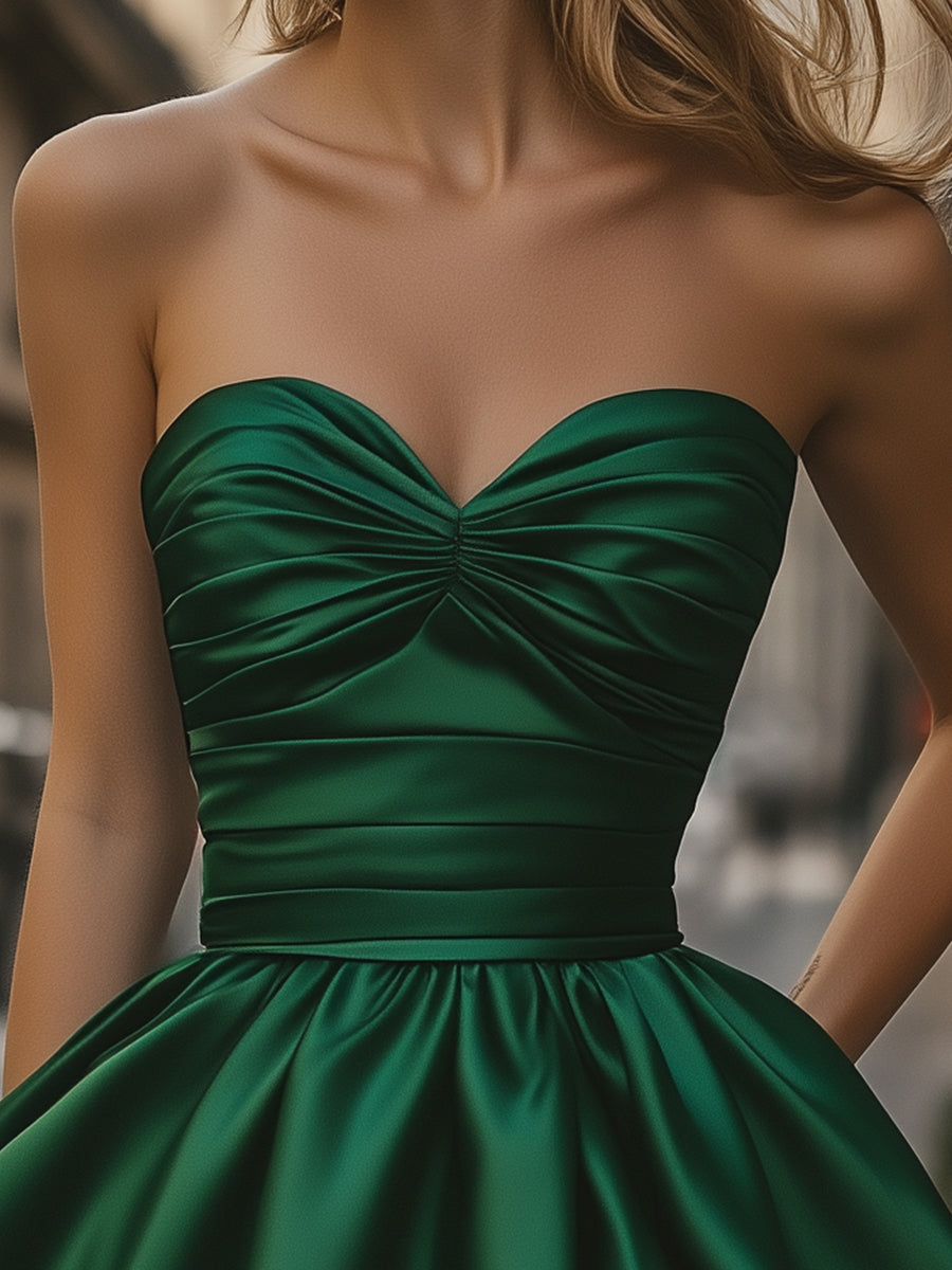 Satin Strapless Bubble Mini Dress with Ruched Bodice