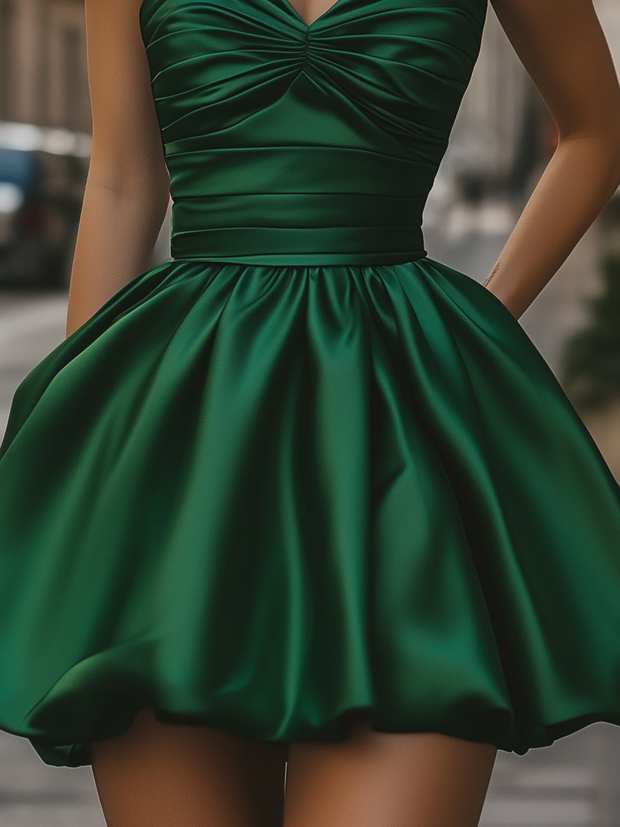 Satin Strapless Bubble Mini Dress with Ruched Bodice