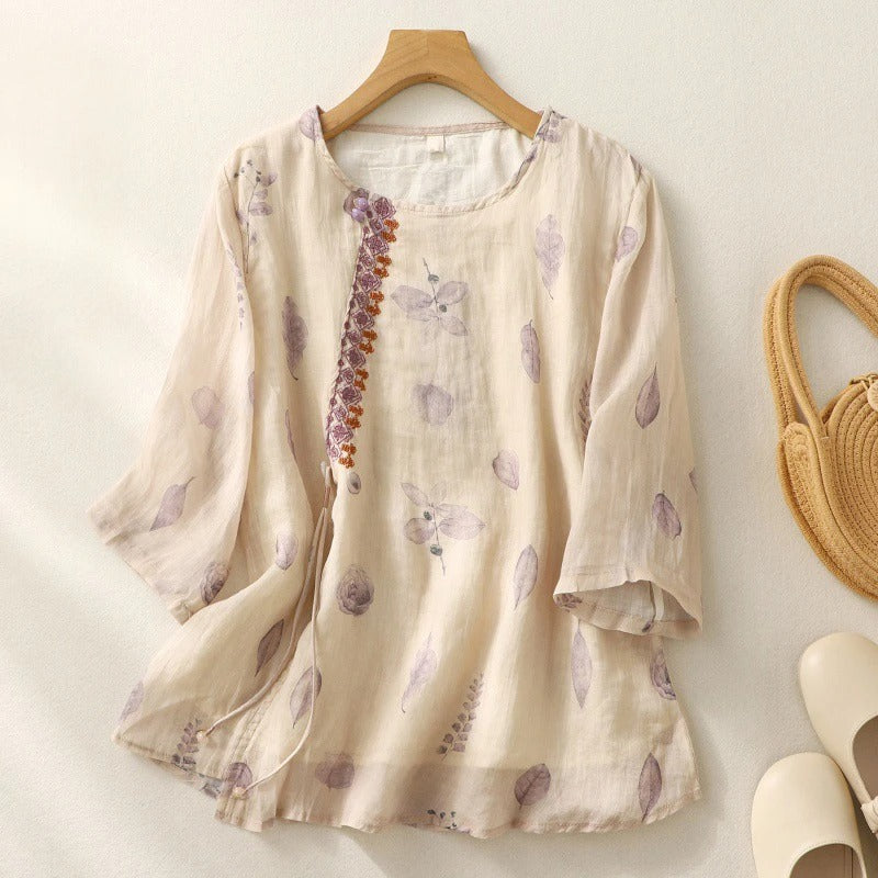 Floral Round Neck Button Placket Blouse 7