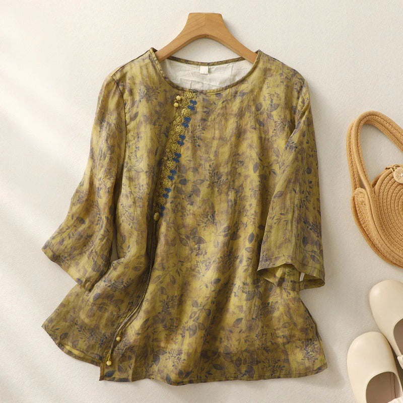 Floral Round Neck Button Placket Blouse