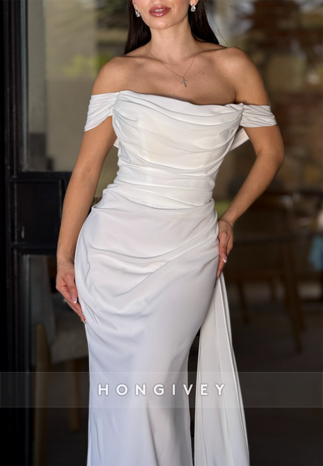 Sweep Train Pleated Low Back Off the Shoulder Trumpet Wedding Dresses