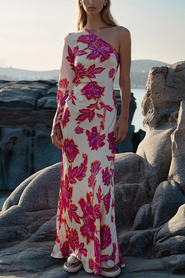 Floral Print One Shoulder Mermaid Maxi Gown