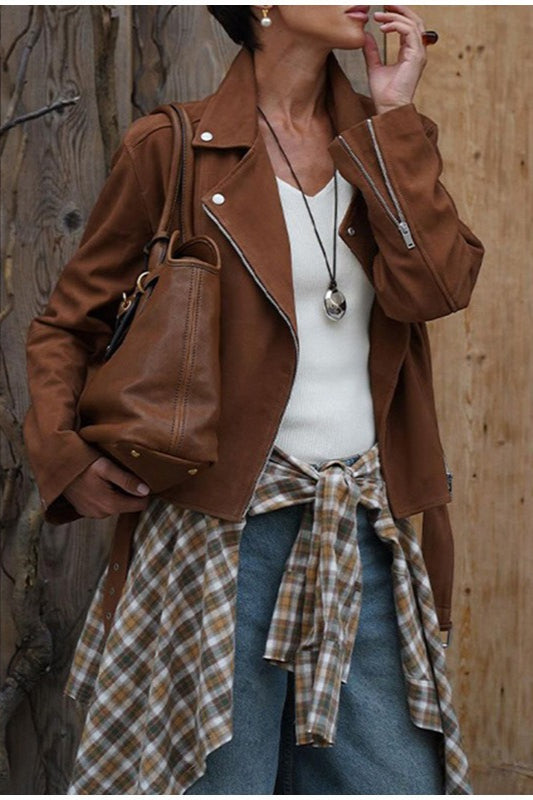 Fashionable Zippered Cropped Biker Jacket
