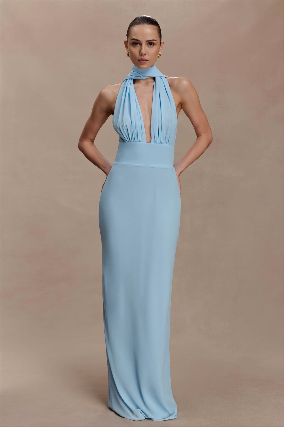Polka Dot Satin Halter Deep V Backless Gown