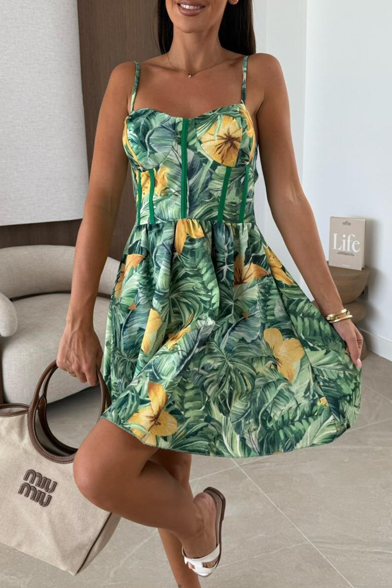 Sexy Print Backless Spaghetti Strap A Line Dresses