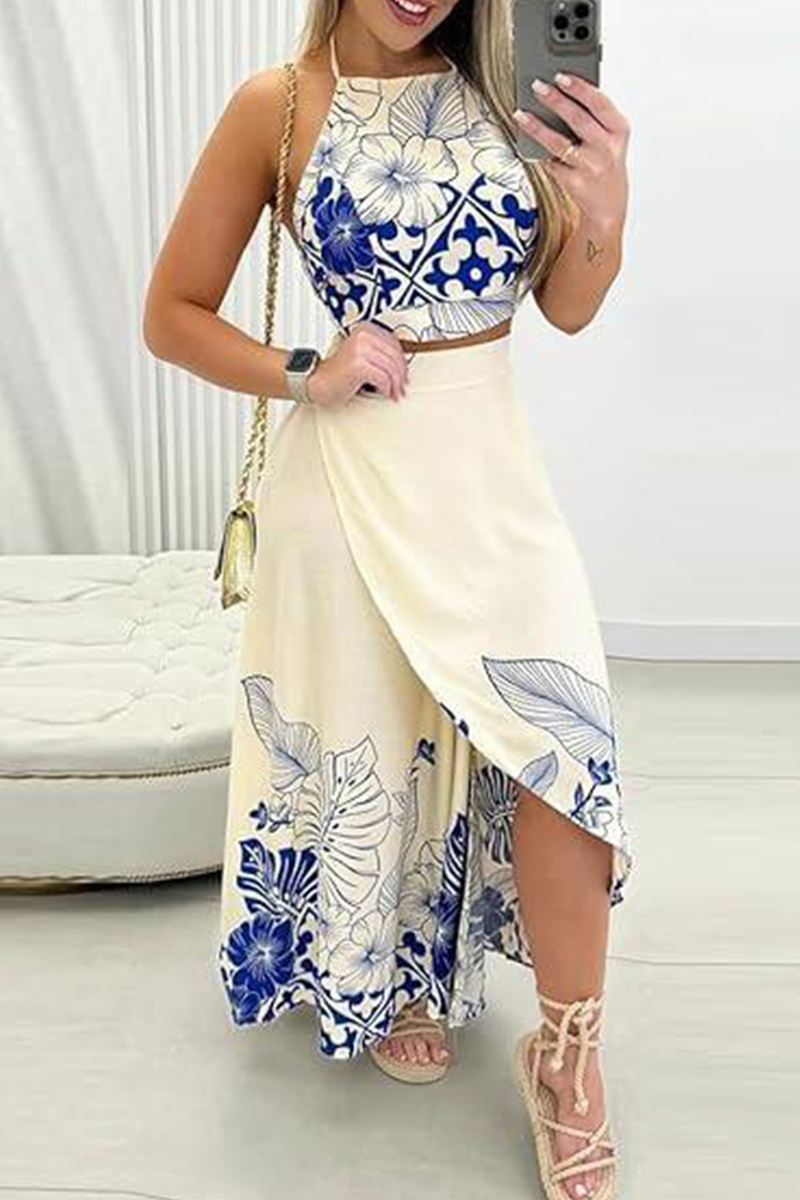 Elegant Print Slit Spaghetti Strap Sleeveless Two Pieces