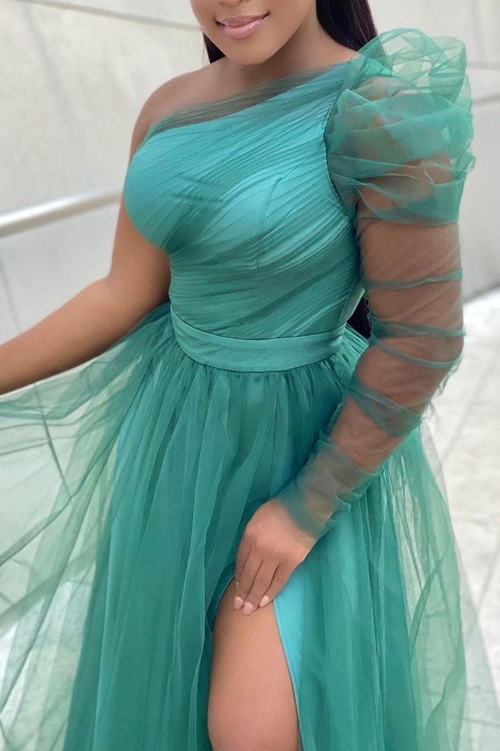 Plus Size Single Sleeve Elegant Party Wedding Guests Bridesmaid Tulle Maxi Dress Fashionpara