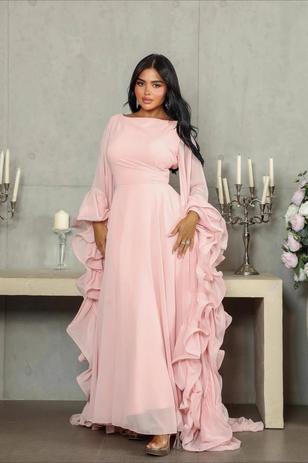 Chiffon Boat Neck Long Sleeve Ruffle Maxi Prom Dress - View 2