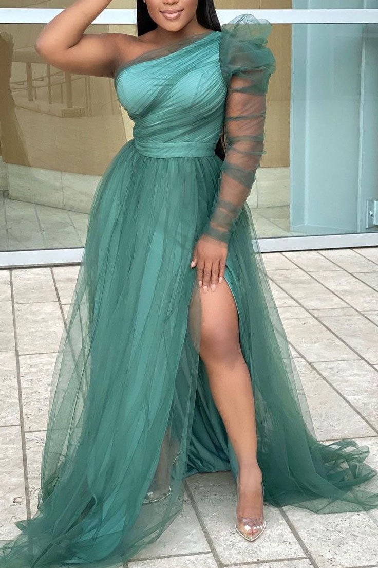 Plus Size Single Sleeve Elegant Party Wedding Guests Bridesmaid Tulle Maxi Dress Fashionpara