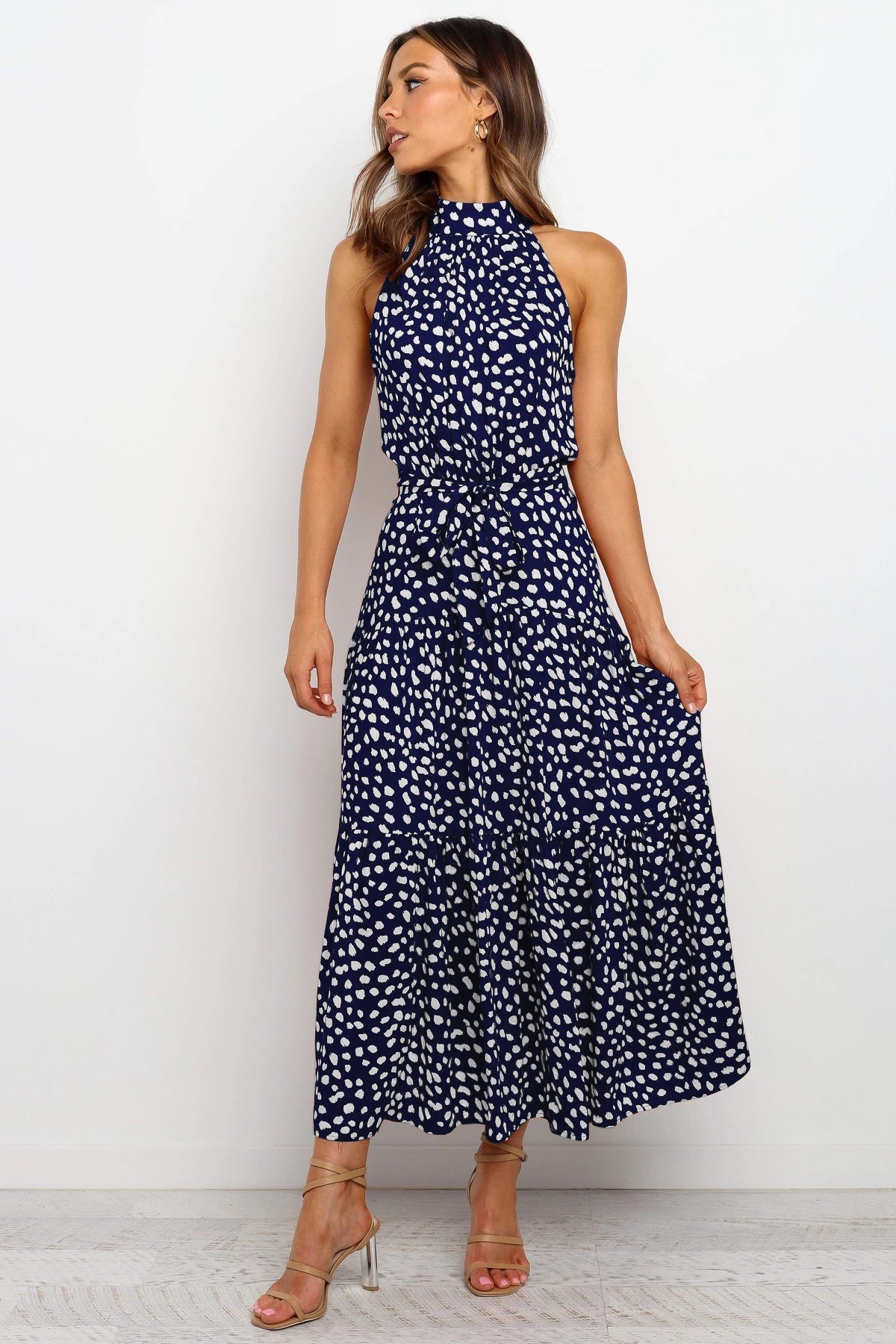 Local Flare Polka Dot Tie Midi Dress - Fashionpara