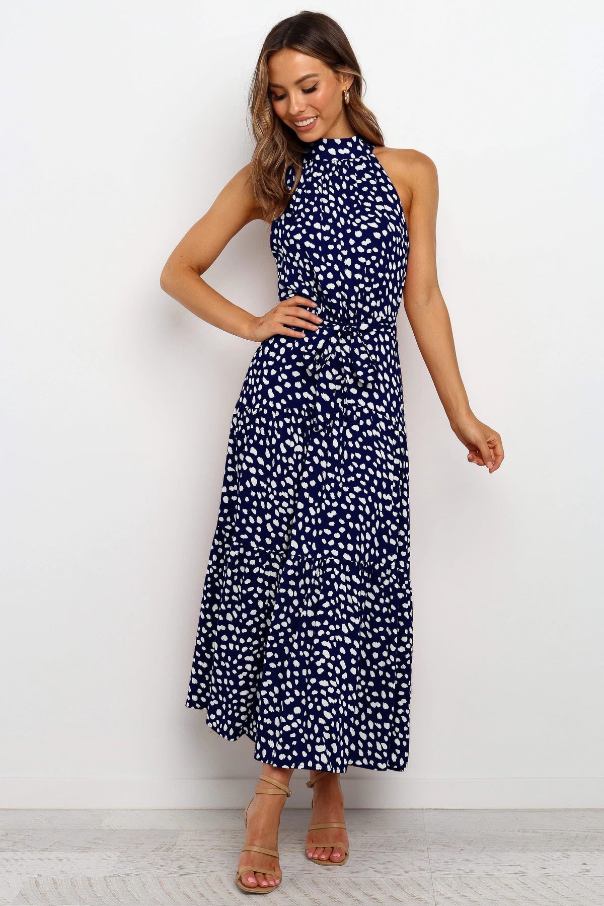 Local Flare Polka Dot Tie Midi Dress - Fashionpara