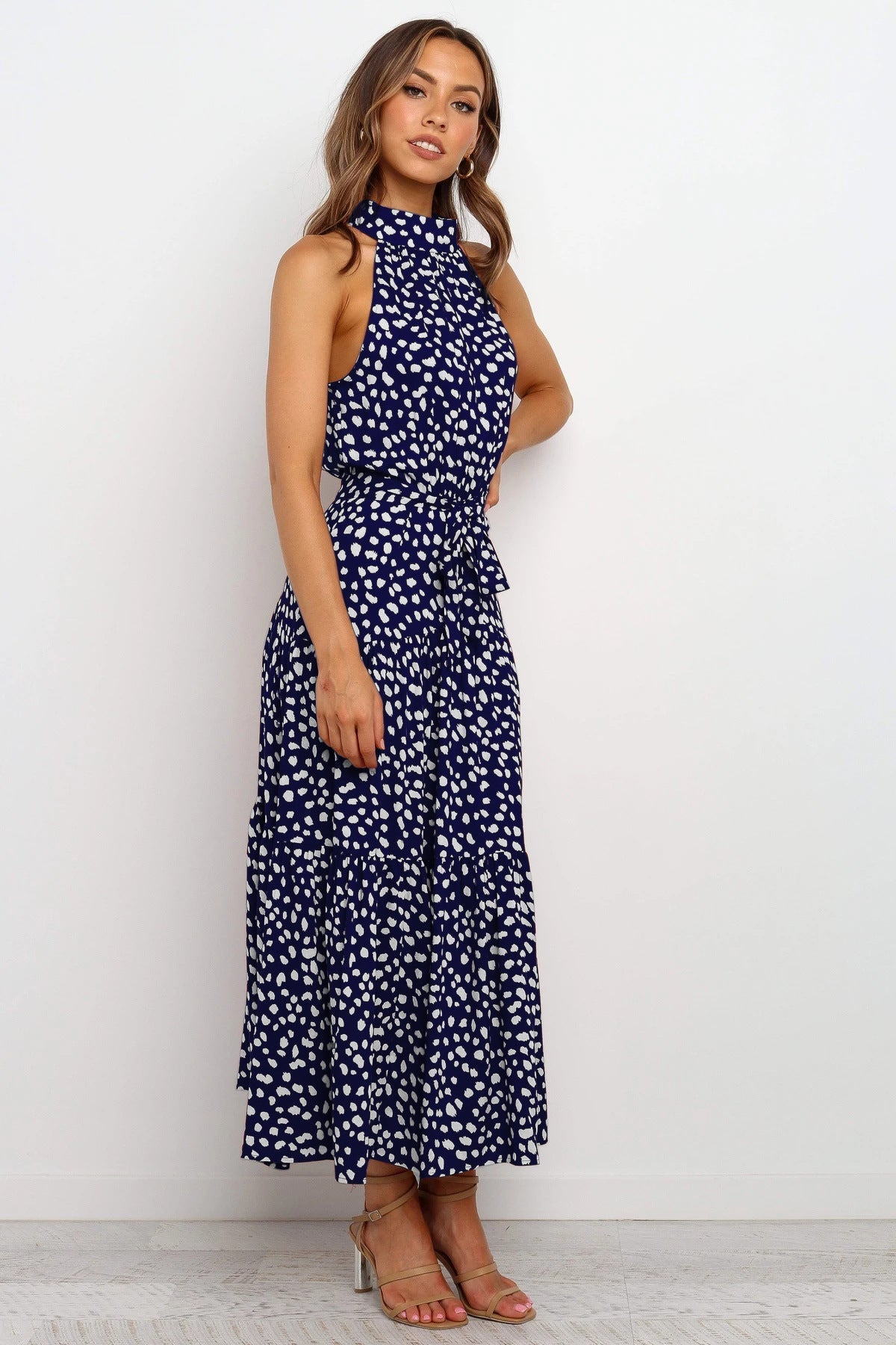 Local Flare Polka Dot Tie Midi Dress - Fashionpara