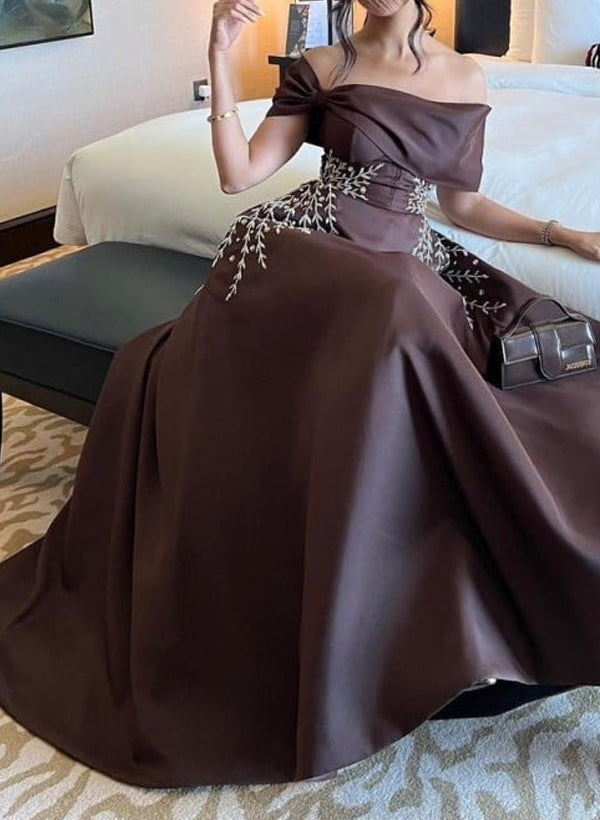 A-Line Off-The-Shoulder Sleeveless Satin Evening Dresses With Sequins