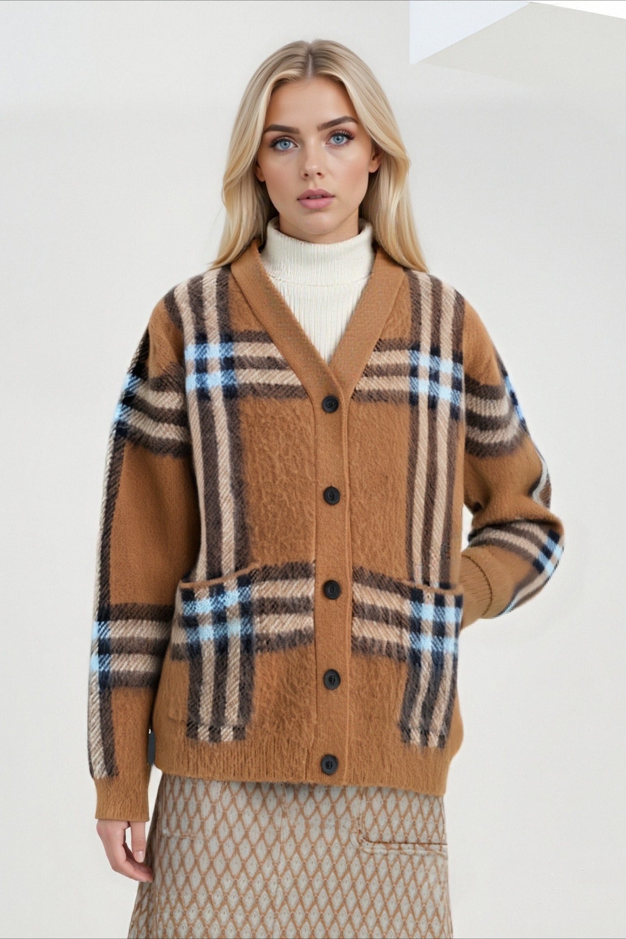 Plaid Retro Plus Size V Neck Knit Cardigan for Cozy Style