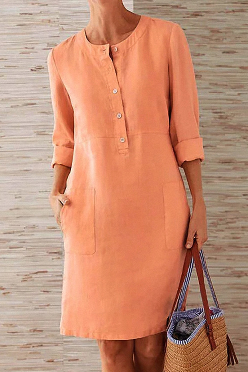 Round Neck Partial Button Patch Pocket Three Quarter Shift Dress