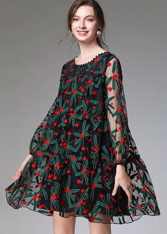 Floral Embroidered Mesh Overlay Long Sleeve A-Line Mini Dress