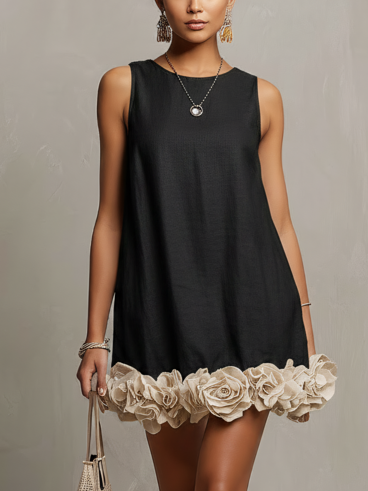 Round Neck Floral Applique Hem Shift Mini Dress