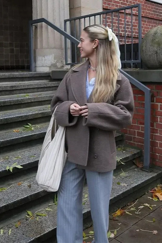 Double Breasted Wool Short Notch Lapel Coat - Fashionpara