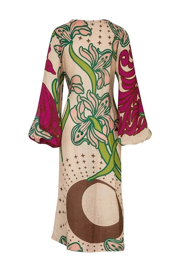 Tracey Linen Blend Unique Print Balloon Sleeve Tie-up Tunic Maxi Dress - Fashionpara