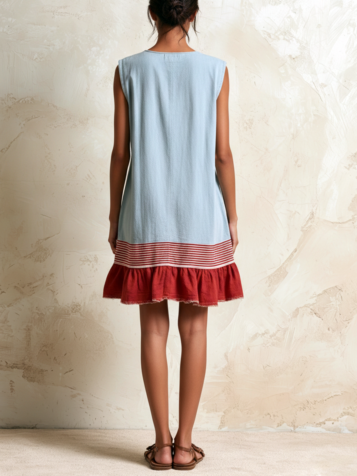 Round Neck Sleeveless Contrast Ruffle Hem Drop Waist Mini Dress 2