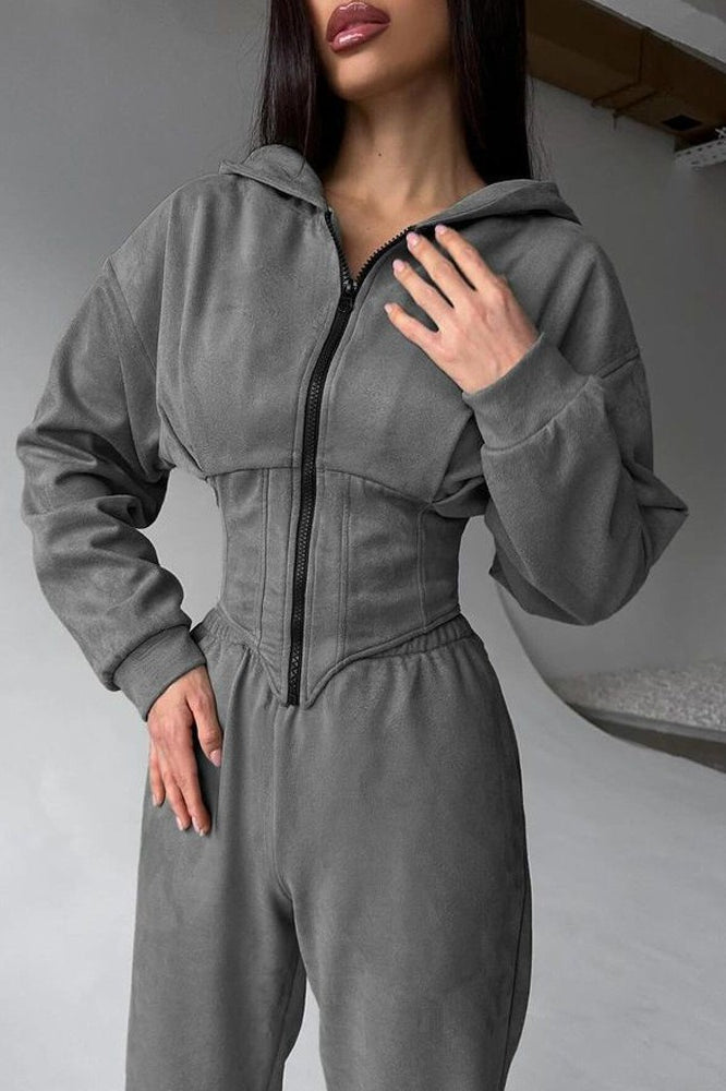 Hooded Drawstring Two Piece Pants Set